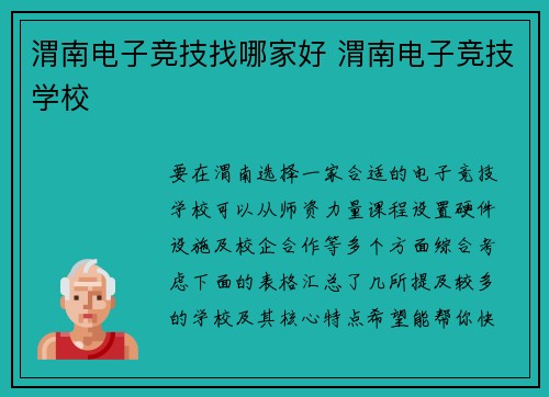 渭南电子竞技找哪家好 渭南电子竞技学校